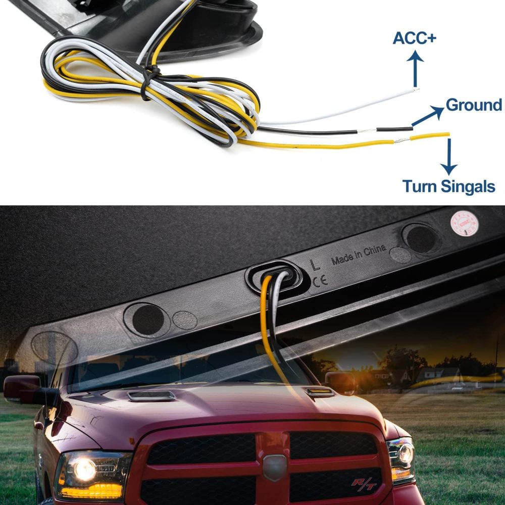 NSLUMO Led Vent Hood Scoop Light Bar Kit Compatible w/ 2010-2022 RAM 1500 Sport Hood Switchback White DRL Driving Lamp w/Amber Sequential Turn Signals Clear Lens OEM Air Hood Bezel Trim Replacement
