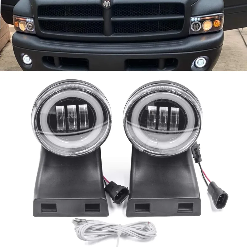 NSLUMO Round Halo LED Fog Lights for 1994-2002 Dodge RAM 1500 2500 3500 w/ 2 Brackets OEM Factory Fog Lamp Replacement Xenon White LED Driving Lights