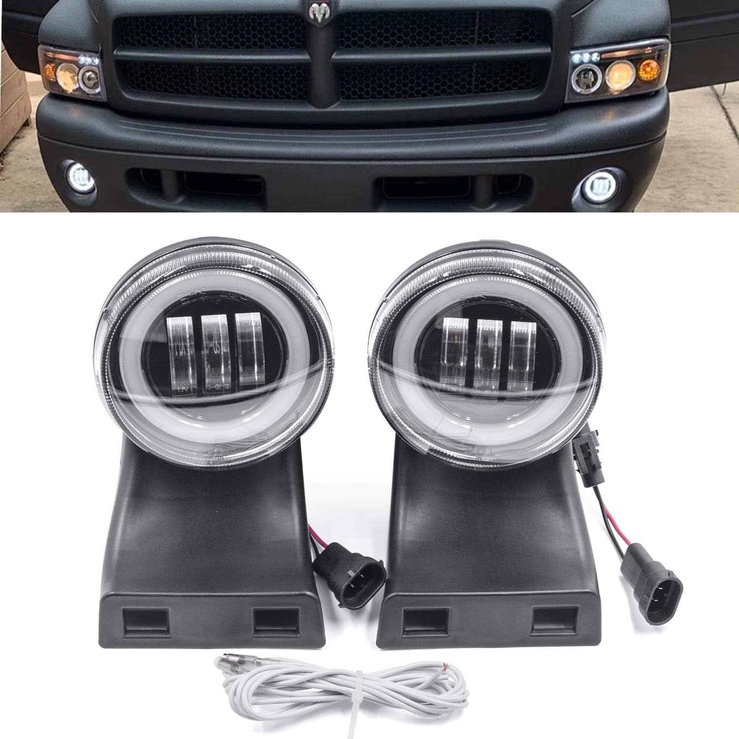 NSLUMO Round Halo LED Fog Lights for 1994-2002 Dodge RAM 1500 2500 3500 w/ 2 Brackets OEM Factory Fog Lamp Replacement Xenon White LED Driving Lights