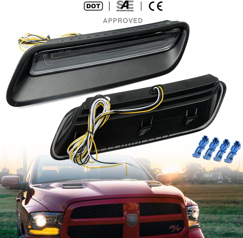 NSLUMO Led Vent Hood Scoop Light Bar Kit Compatible w/ 2010-2022 RAM 1500 Sport Hood Switchback White DRL Driving Lamp w/Amber Sequential Turn Signals Clear Lens OEM Air Hood Bezel Trim Replacement