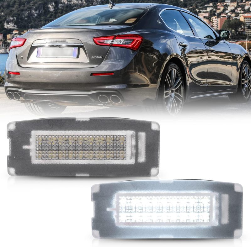 LED License Plate Lights Compatible w/ 2014-2020 Maserati Ghibli M157, OEM Led Number Lamps Replacement Canbus Error Free 6000K 18-SMD Xenon White Led Rear Tag Light Kit Assembly