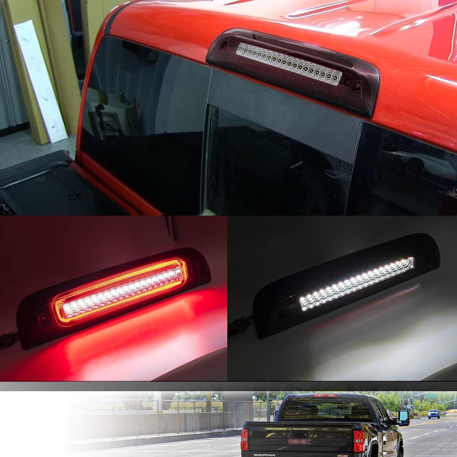 NSLUMO Led Third Brake Light Replacement for 2014-2018 Chevy Silverado GMC Sierra 1500 2500HD 3500HD Red LED Strobe Rear 3rd Brake Center High Mount Stop Lamp + White Cargo Light Kit Euro Clear Lens