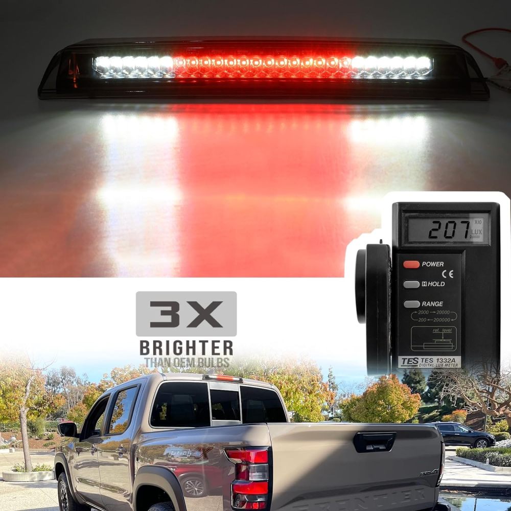 Led Third Brake Light Replacement for 2005-2023 Nissan Frontier D40 D41 Pickup Red LED 3rd Brake Center High Mount Stop Lamp White Cab Cargo Light Smoked Lens CHMSL