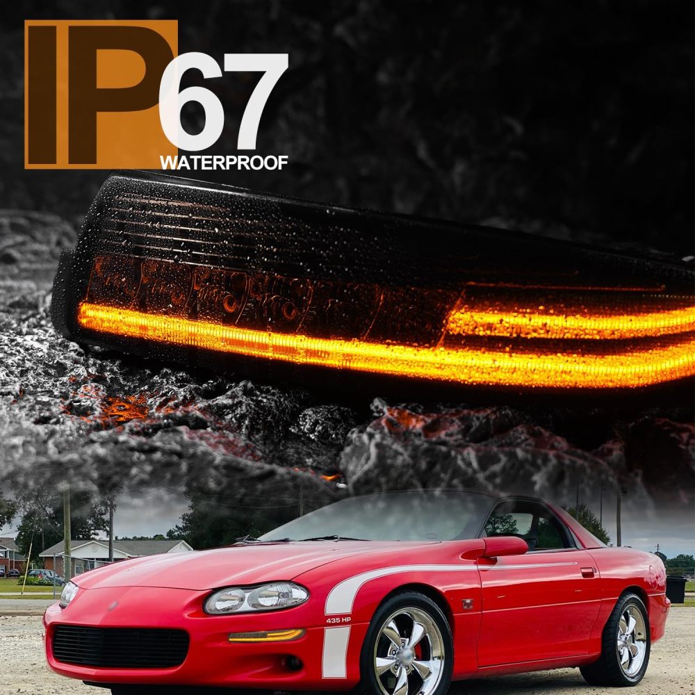 NSLUMO Led Bumper Signal Parking Light Assembly for Chevy Camaro 1993-2002 Smoked Lens Switchback White Parking/Amber Side Marker/DRL Driving/Sequential Turn Signals Corner Park Lamp Kit Replacement