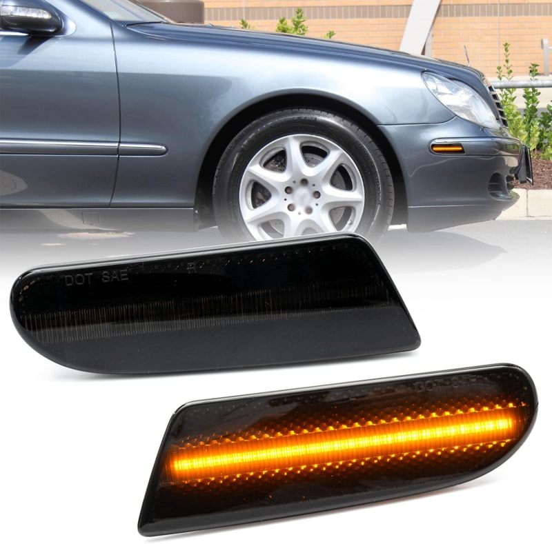 NSLUMO Led Side Marker Lights Replacement for Mercedes W220 S-Class 2000-2006 Benz S430 S500 Amber Led Front Bumper Side Marker Reflector Repeater Lamp Kit LH RH Smoked Lens Strip Led Sidemarkers