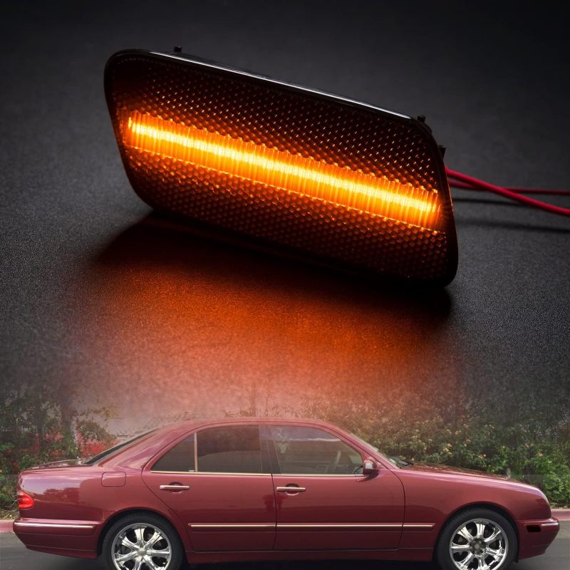 NSLUMO LED Side Marker Lights Compatible w/ 1996-2003 Mercedes W210 Benz E320 E300 Front Bumper Amber Led Side Signal Indicator Lamp Assembly OEM Sidemarker Replacement Smoked Lens
