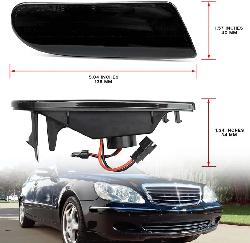 NSLUMO Led Side Marker Lights Replacement for Mercedes W220 S-Class 2000-2006 Benz S430 S500 Amber Led Front Bumper Side Marker Reflector Repeater Lamp Kit LH RH Smoked Lens Strip Led Sidemarkers