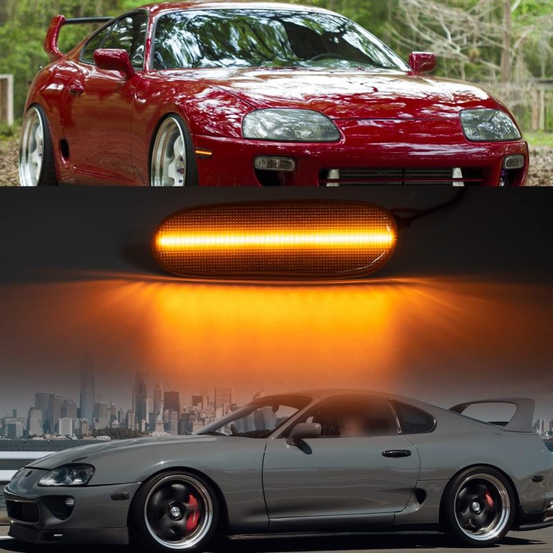 Led Side Marker Lights Replacement for 1993-1998 Toyota Supra MK4 A80 Amber Front & Rear Red Side Repeater Lamps for Driver Passenger Sides Smoked Lens OEM Fit Bumper Sidemarker Clearance Light Kit