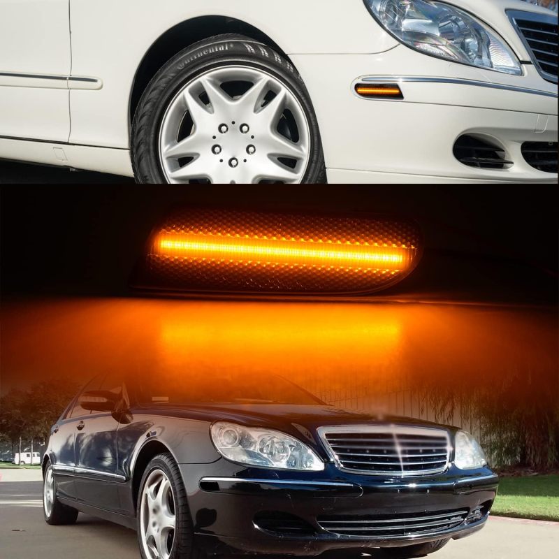 NSLUMO Led Side Marker Lights Replacement for Mercedes W220 S-Class 2000-2006 Benz S430 S500 Amber Led Front Bumper Side Marker Reflector Repeater Lamp Kit LH RH Smoked Lens Strip Led Sidemarkers