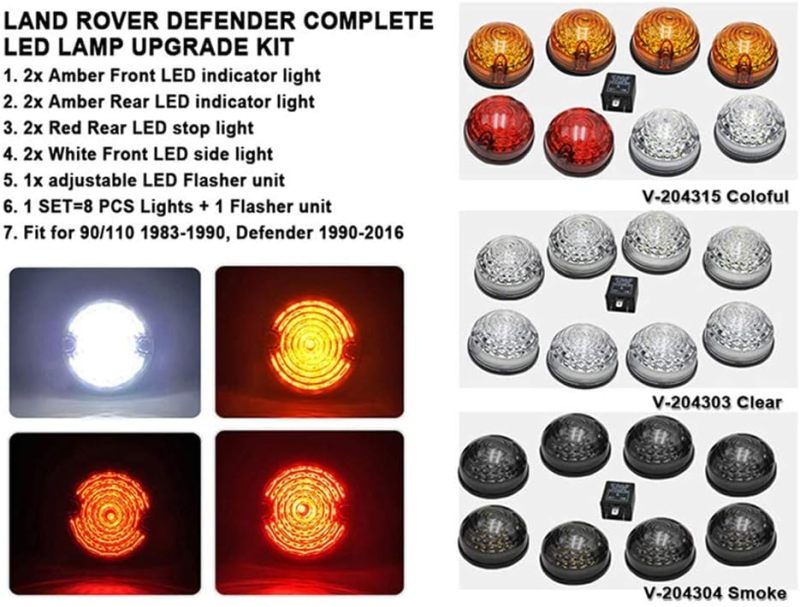 NSLUMO Defender Led Upgrade Light Kit 8pcs 73mm Standard Size Amber Indicatior Front Side Light Rear Tail Light for Land-Rover Defender 1990-2016 with Flasher Unit