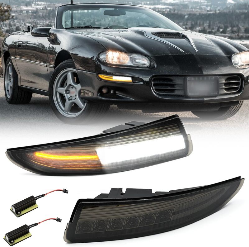 NSLUMO Led Bumper Signal Parking Light Assembly for Chevy Camaro 1993-2002 Smoked Lens Switchback White Parking/Amber Side Marker/DRL Driving/Sequential Turn Signals Corner Park Lamp Kit Replacement