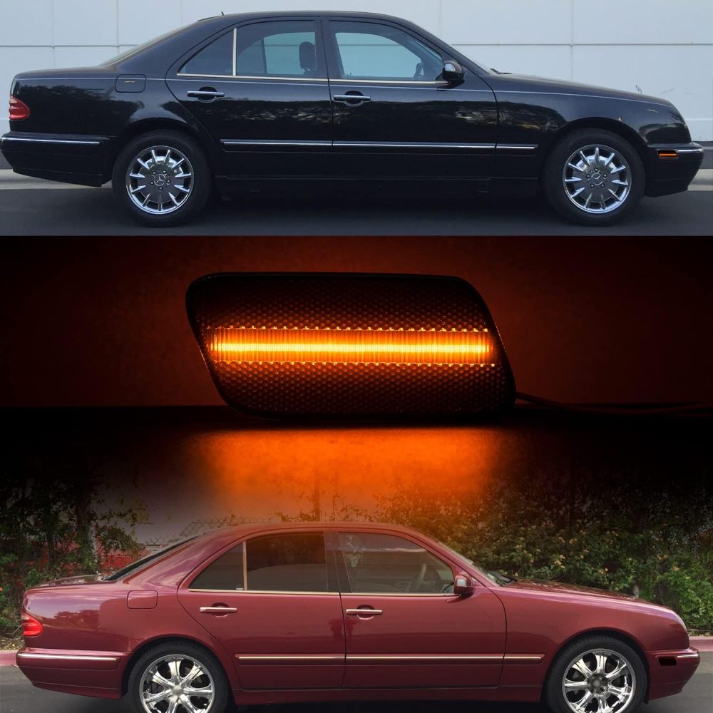 NSLUMO LED Side Marker Lights Compatible w/ 1996-2003 Mercedes W210 Benz E320 E300 Front Bumper Amber Led Side Signal Indicator Lamp Assembly OEM Sidemarker Replacement Smoked Lens