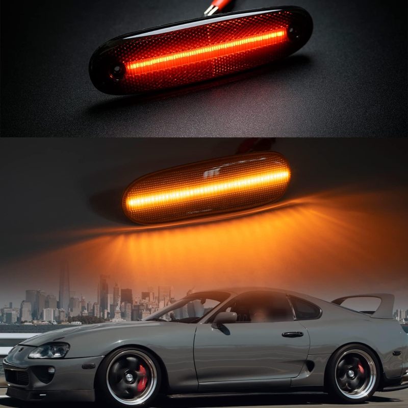 Led Side Marker Lights Replacement for 1993-1998 Toyota Supra MK4 A80 Amber Front & Rear Red Side Repeater Lamps for Driver Passenger Sides Smoked Lens OEM Fit Bumper Sidemarker Clearance Light Kit