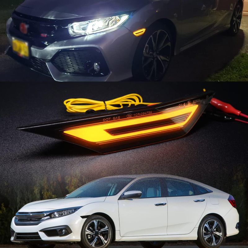 Switchback Led Side Marker Lights for Honda Civic 2016 2017 2018 2019 2020 2021 10th Gen Sedan Coupe Hatchback Carrera GT RS 911 Style Led White Side Markers Sequential Amber Turn Signals Smoked Lens