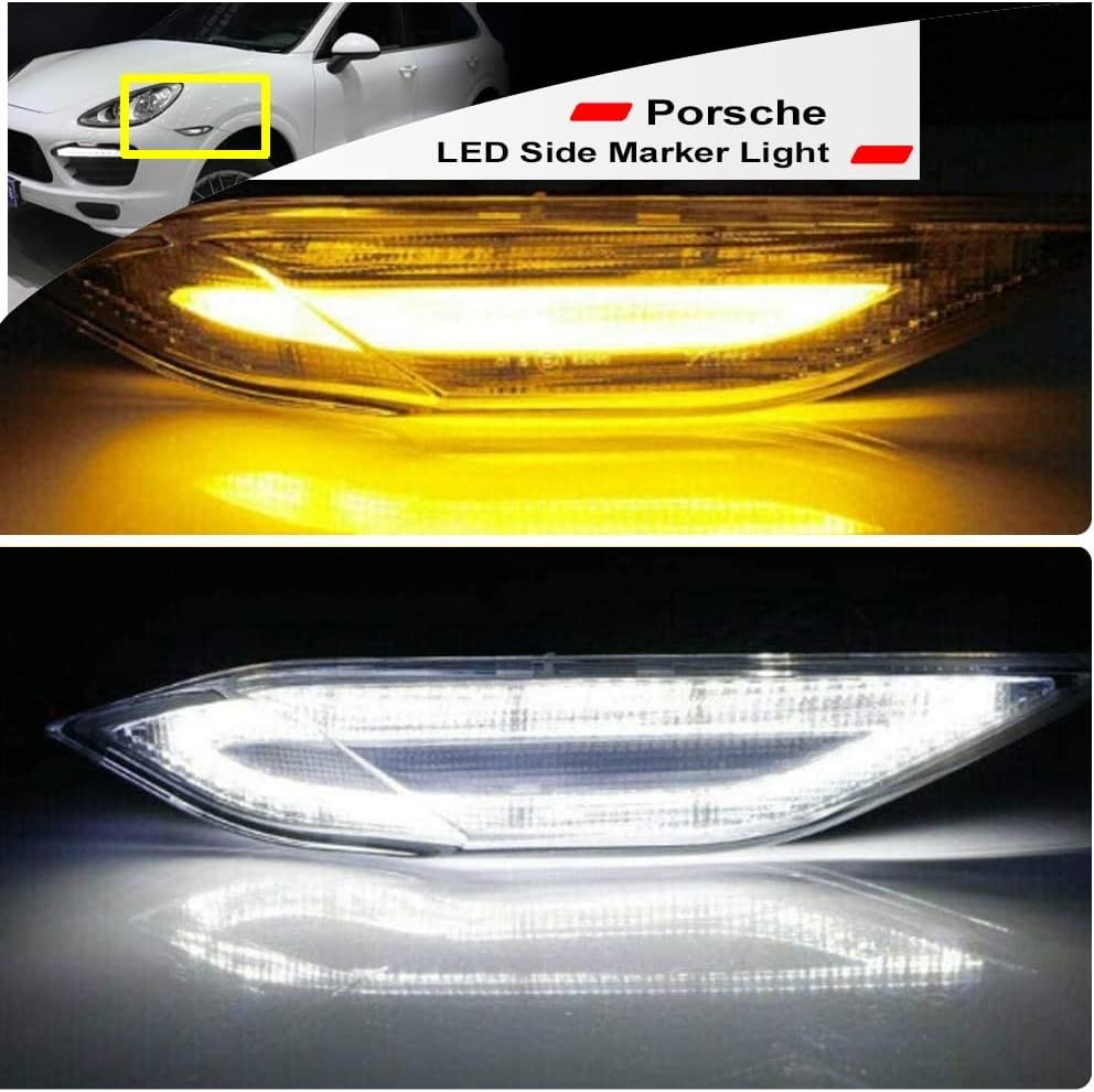 NSLUMO Amber White LED Side Marker Lights for Por-sche Cayenne 958 2011-2014 Smoked Lens Front Bumper Side Marker Switchback Amber Turn Signal & White Running Lights