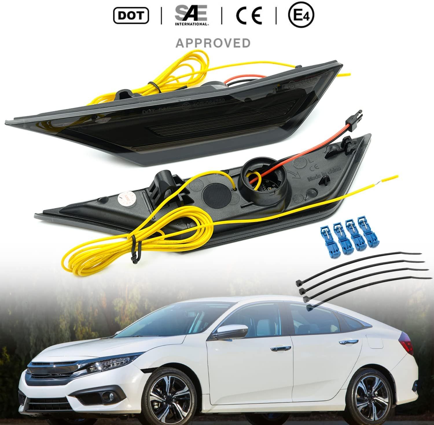 Switchback Led Side Marker Lights for Honda Civic 2016 2017 2018 2019 2020 2021 10th Gen Sedan Coupe Hatchback Carrera GT RS 911 Style Led White Side Markers Sequential Amber Turn Signals Smoked Lens
