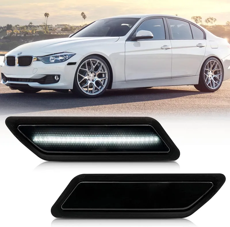 Front Bumper Led Side Markers Compatible w/ 2012-2015 B-M-W F30 F31 Pre-LCI 3 Series 328i Xenon White Led Side Marker Repeater Lights Signal Reflector Lamps Replace OEM Amber Reflectors Smoked Lens