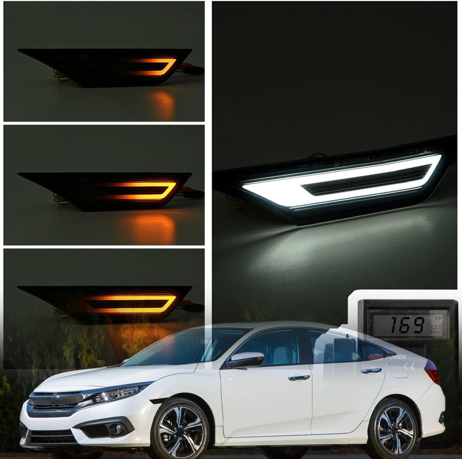 Switchback Led Side Marker Lights for Honda Civic 2016 2017 2018 2019 2020 2021 10th Gen Sedan Coupe Hatchback Carrera GT RS 911 Style Led White Side Markers Sequential Amber Turn Signals Smoked Lens
