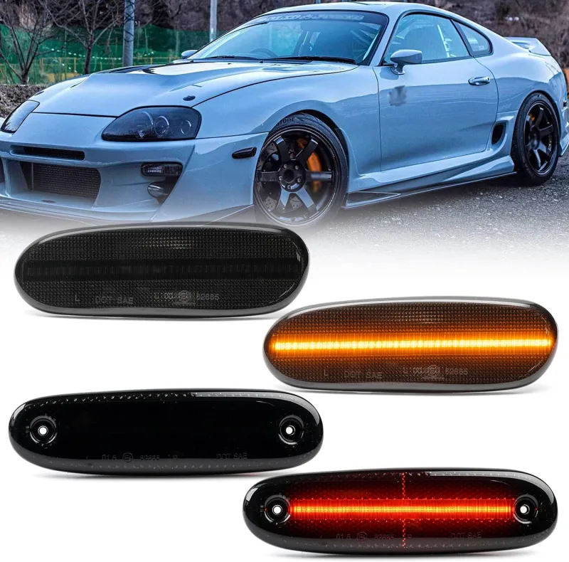 Led Side Marker Lights Replacement for 1993-1998 Toyota Supra MK4 A80 Amber Front & Rear Red Side Repeater Lamps for Driver Passenger Sides Smoked Lens OEM Fit Bumper Sidemarker Clearance Light Kit