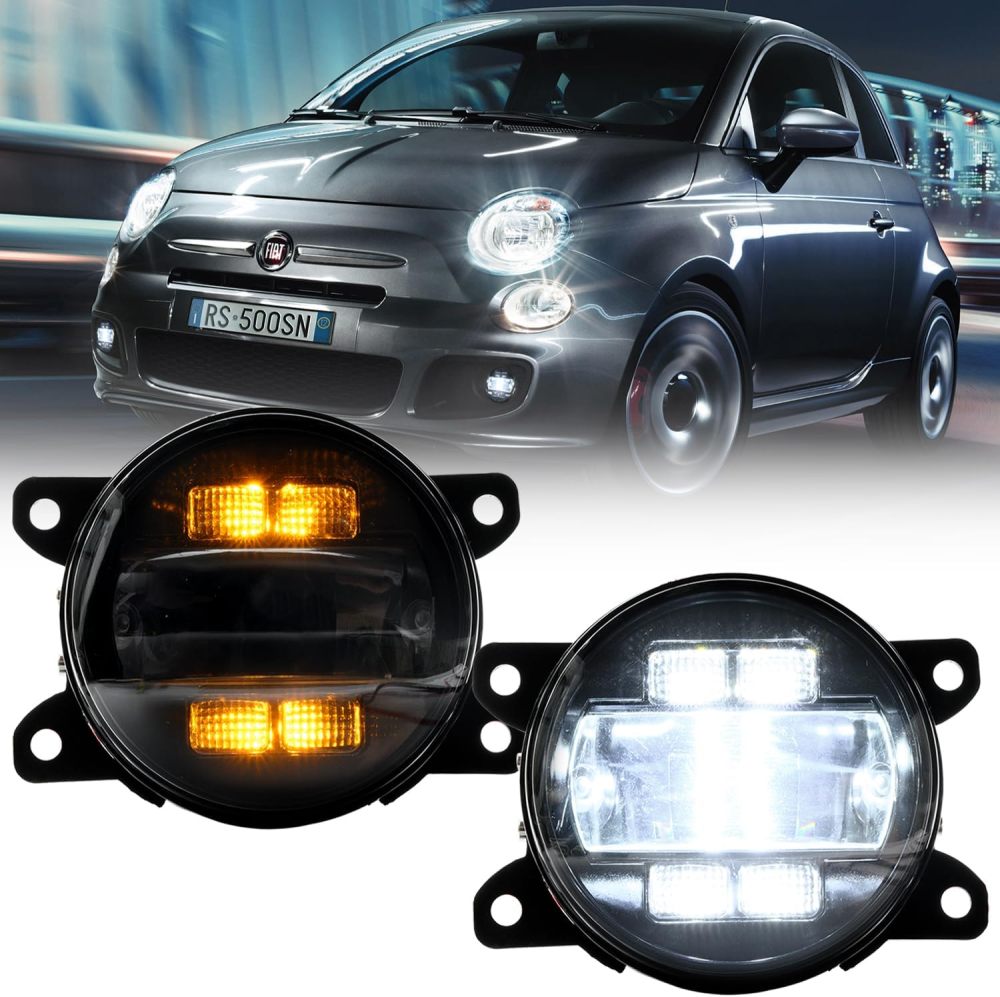 NSLUMO Led Fog Lamp Assembly Replacement for Fiat 500 500L 2012-2017 Switchback Amber White DRL Signal Driving Lamps 12V Led Front Bumper DRL Fog Light Kit
