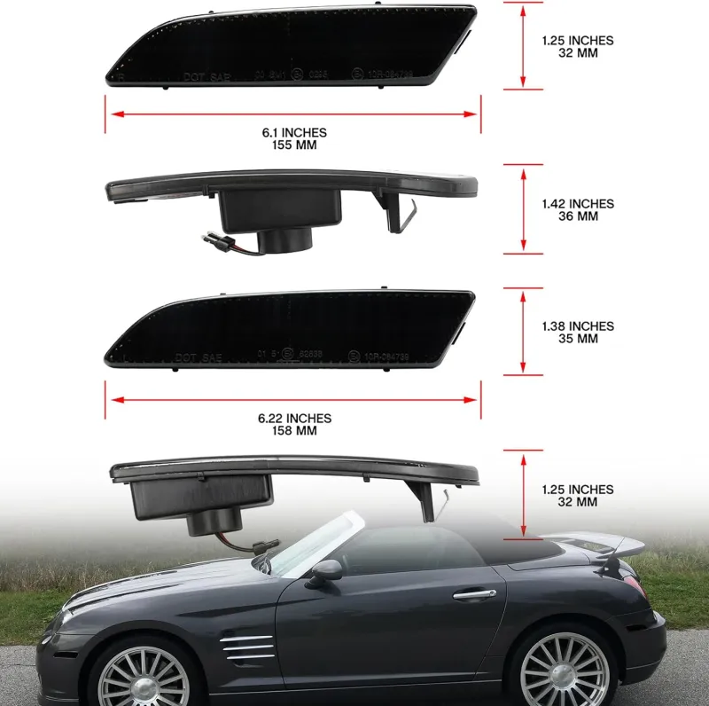 NSLUMO Led Side Marker Lights Replacement for 2004 2005 2006 2007 2008 Chrysler Crossfire Amber Front & Rear Red Side Parking Turn Signal Lamps Smoked Lens OEM Bumper Sidemarker Clearance Light Kit