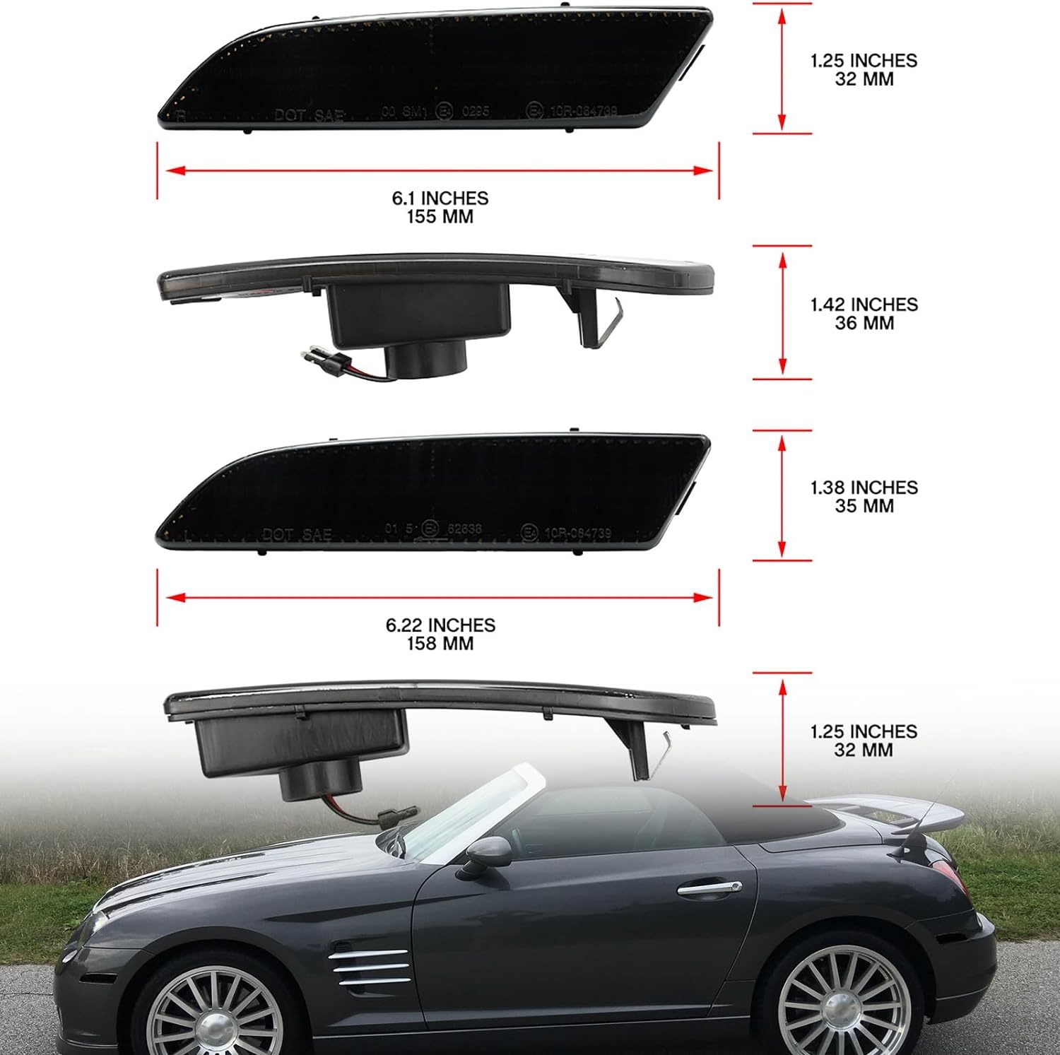 NSLUMO Led Side Marker Lights Replacement for 2004 2005 2006 2007 2008 Chrysler Crossfire Amber Front & Rear Red Side Parking Turn Signal Lamps Smoked Lens OEM Bumper Sidemarker Clearance Light Kit