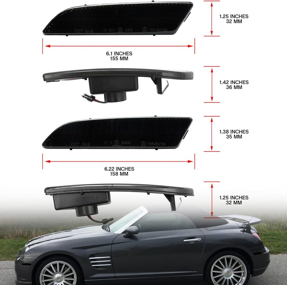 NSLUMO Led Side Marker Lights Replacement for 2004 2005 2006 2007 2008 Chrysler Crossfire Amber Front & Rear Red Side Parking Turn Signal Lamps Smoked Lens OEM Bumper Sidemarker Clearance Light Kit