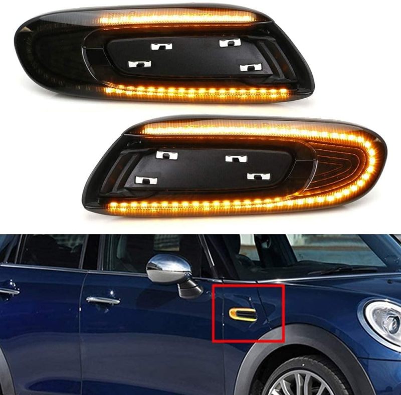 NSLUMO Led Fender Side Marker Replacement for F55 F56 Mini-Cooper 2014-2020 F57 2016-2020 Amber Front Side Marker Led Lights W/Sequential Turn Signal Lamp 2pcs Smoke Lens
