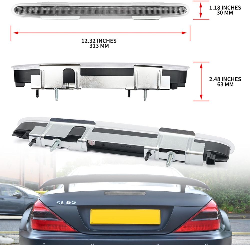 NSLUMO Led Third Brake Light Replacement for Mercedes R230 2007-2012 Benz SL550 AMG 2003-2006 SL500 SL55 AMG Red Strip LED 3rd Brake Center High Mount Stop Lamp Clear Lens CHMSL 923-278