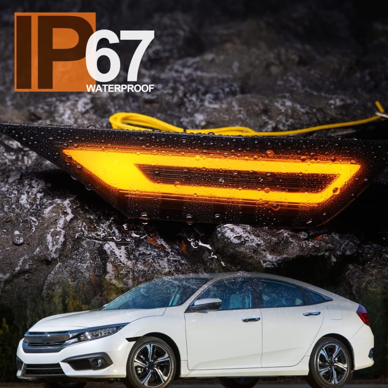 Switchback Led Side Marker Lights for Honda Civic 2016 2017 2018 2019 2020 2021 10th Gen Sedan Coupe Hatchback Carrera GT RS 911 Style Led White Side Markers Sequential Amber Turn Signals Smoked Lens