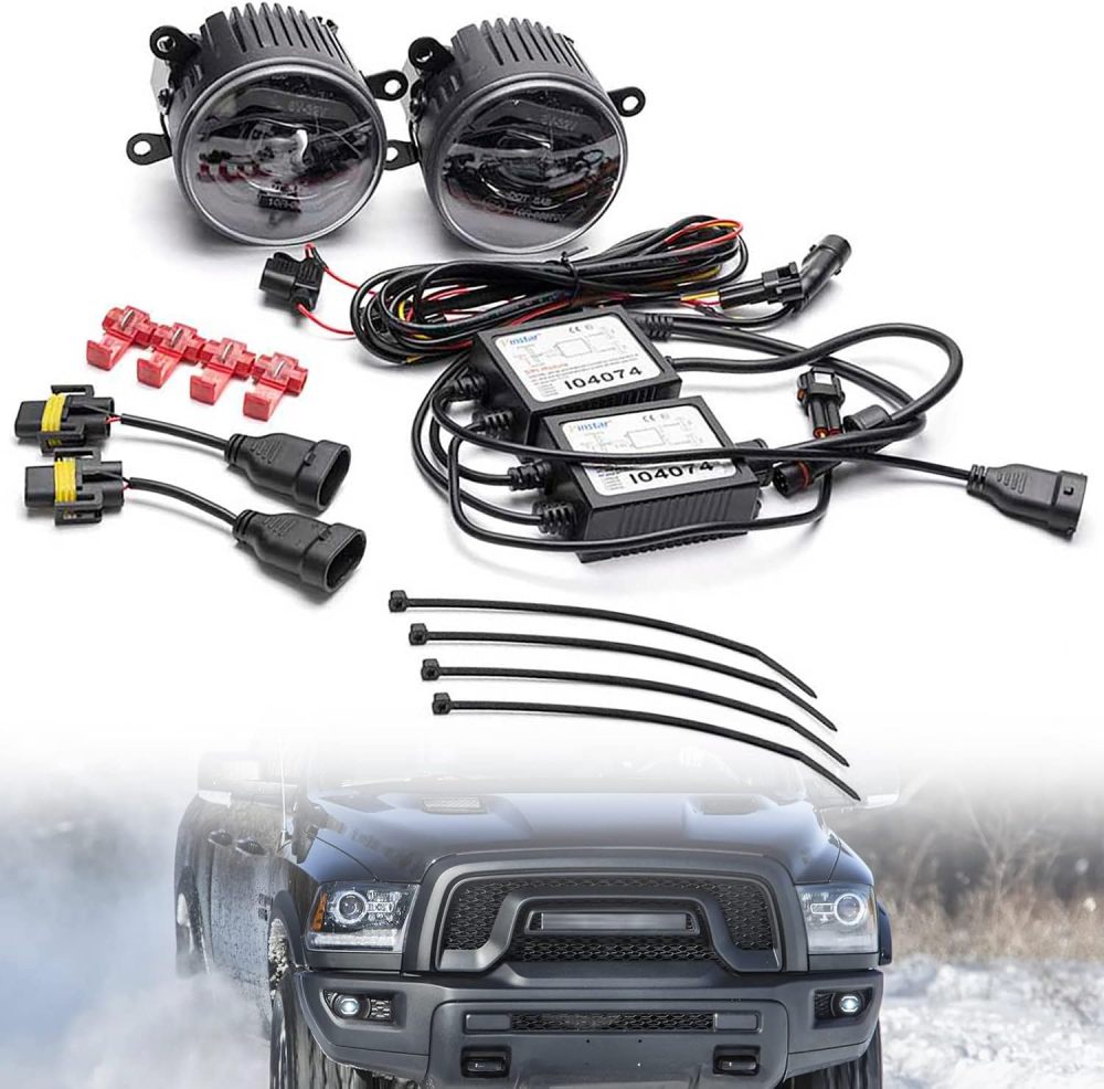 NSLUMO Led Fog Lamp Assembly Replacement for Ram 1500 2500 3500 Pickup 2019 2020 2021 2022 2023 Xenon White Halo DRL Driving Lamps 12V High Power Chips 10W Led DRL Fog Light Kit