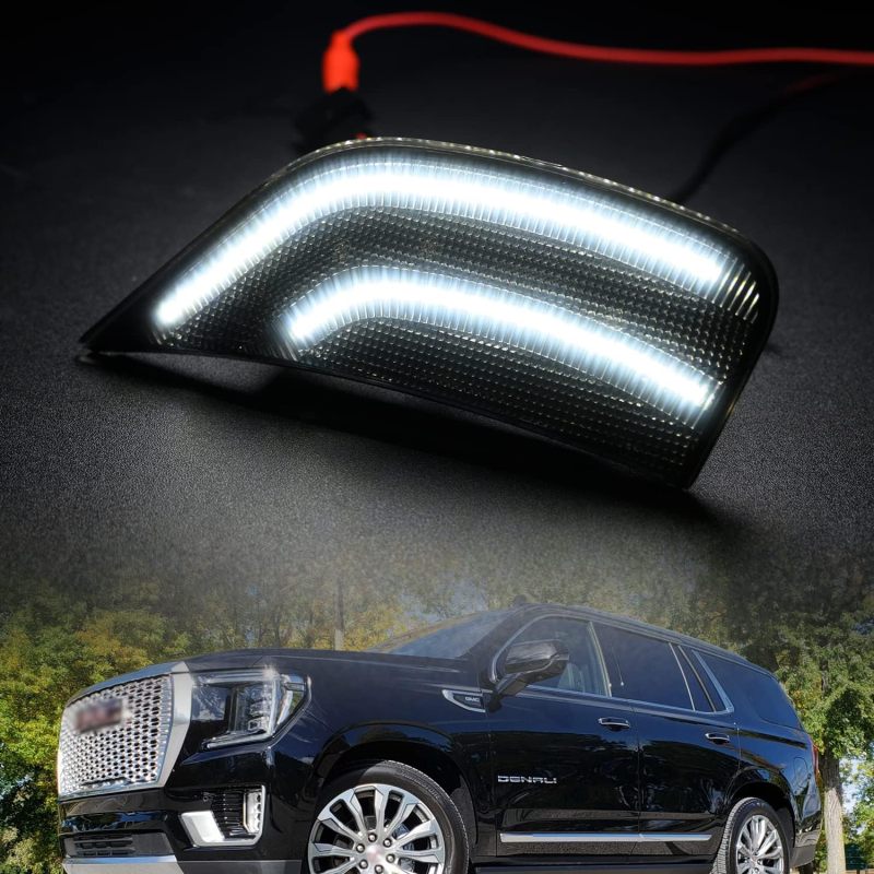 NSLUMO LED Side Marker Lights Replacement for 2021 2022 + GMC Yukon XL Denali White Led Fender Side Turn Signal Parking Light Assembly GM2550206 Replace OEM Side Lamps Smoked Lens