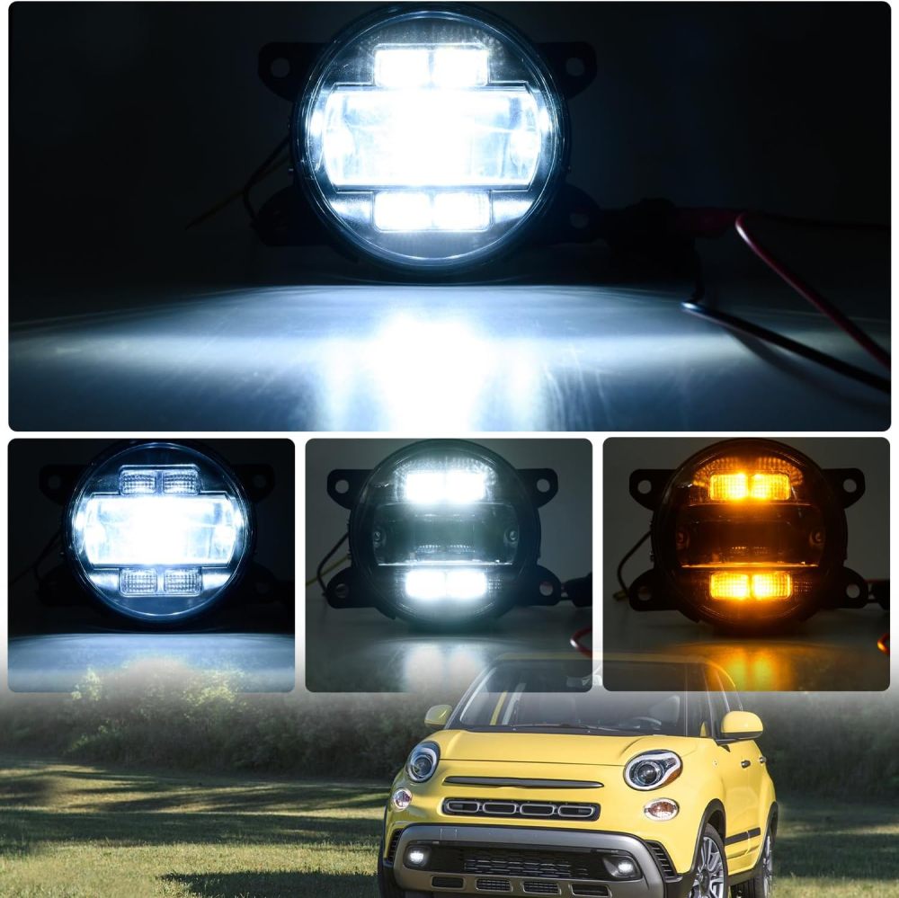 NSLUMO Led Fog Lamp Assembly Replacement for Fiat 500 500L 2012-2017 Switchback Amber White DRL Signal Driving Lamps 12V Led Front Bumper DRL Fog Light Kit