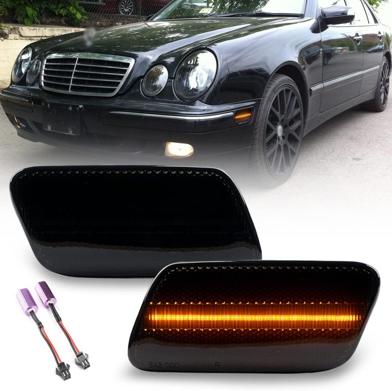 NSLUMO LED Side Marker Lights Compatible w/ 1996-2003 Mercedes W210 Benz E320 E300 Front Bumper Amber Led Side Signal Indicator Lamp Assembly OEM Sidemarker Replacement Smoked Lens