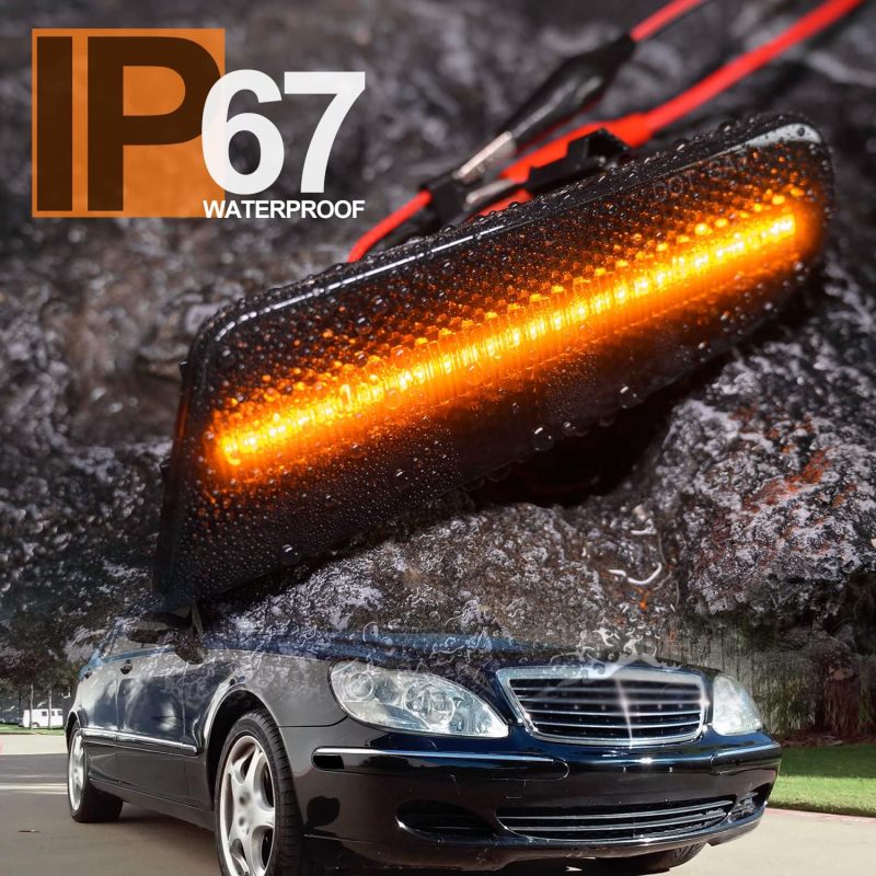 NSLUMO Led Side Marker Lights Replacement for Mercedes W220 S-Class 2000-2006 Benz S430 S500 Amber Led Front Bumper Side Marker Reflector Repeater Lamp Kit LH RH Smoked Lens Strip Led Sidemarkers