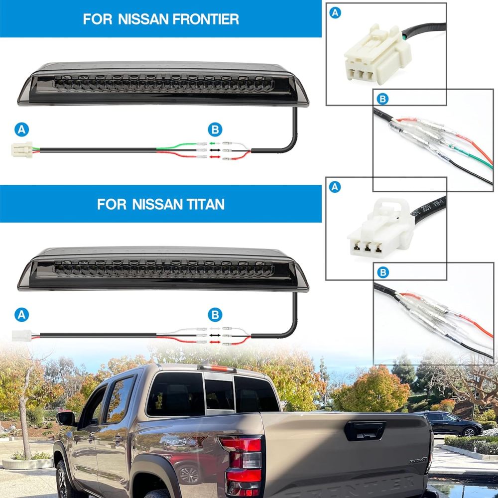 Led Third Brake Light Replacement for 2005-2023 Nissan Frontier D40 D41 Pickup Red LED 3rd Brake Center High Mount Stop Lamp White Cab Cargo Light Smoked Lens CHMSL