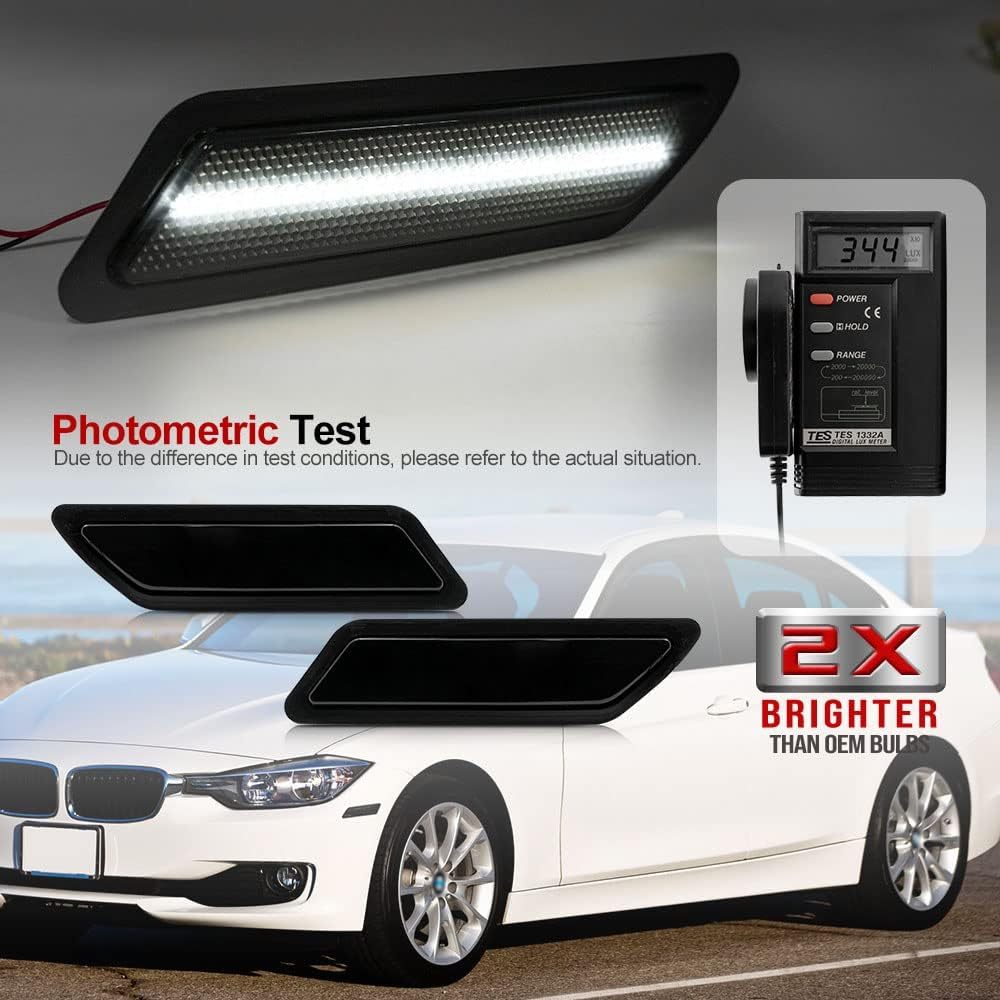 Front Bumper Led Side Markers Compatible w/ 2012-2015 B-M-W F30 F31 Pre-LCI 3 Series 328i Xenon White Led Side Marker Repeater Lights Signal Reflector Lamps Replace OEM Amber Reflectors Smoked Lens