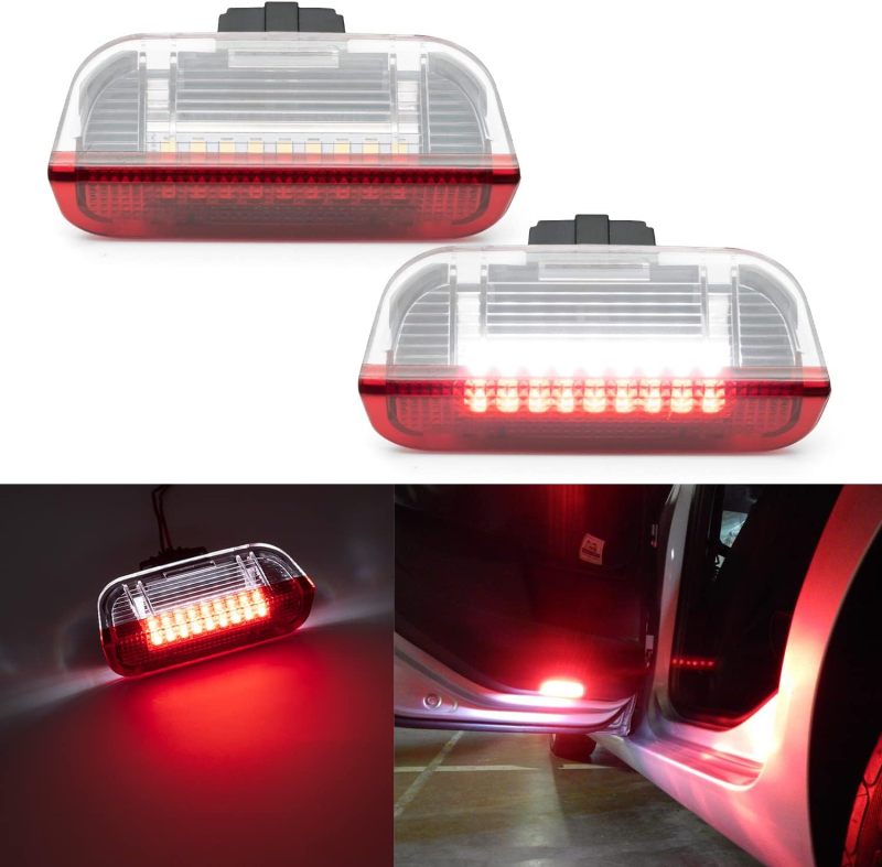 NSLUMO LED Courtesy Step Lights Replacement for VW Passat B6 Golf GTI MK5 MK6 MK7 Jetta, 18-SMD Red+White Led Rear Door Welcome Light Warning Interior Puddle Lamps Assembly CAN-bus Error Free