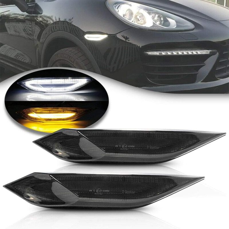 NSLUMO Amber White LED Side Marker Lights for Por-sche Cayenne 958 2011-2014 Smoked Lens Front Bumper Side Marker Switchback Amber Turn Signal & White Running Lights