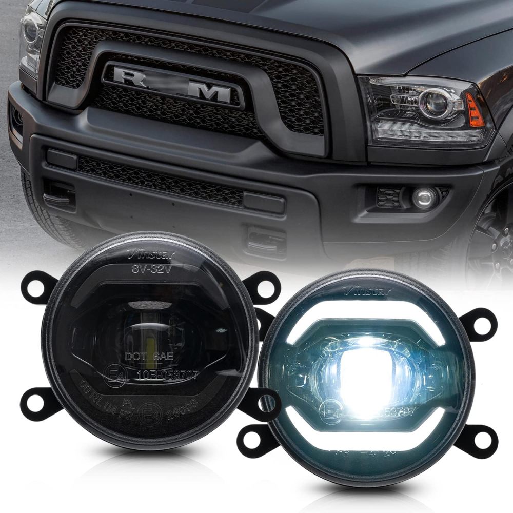 NSLUMO Led Fog Lamp Assembly Replacement for Ram 1500 2500 3500 Pickup 2019 2020 2021 2022 2023 Xenon White Halo DRL Driving Lamps 12V High Power Chips 10W Led DRL Fog Light Kit