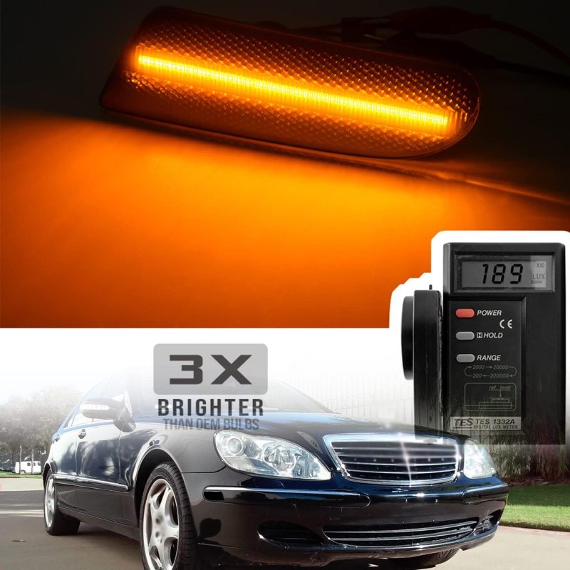 NSLUMO Led Side Marker Lights Replacement for Mercedes W220 S-Class 2000-2006 Benz S430 S500 Amber Led Front Bumper Side Marker Reflector Repeater Lamp Kit LH RH Smoked Lens Strip Led Sidemarkers