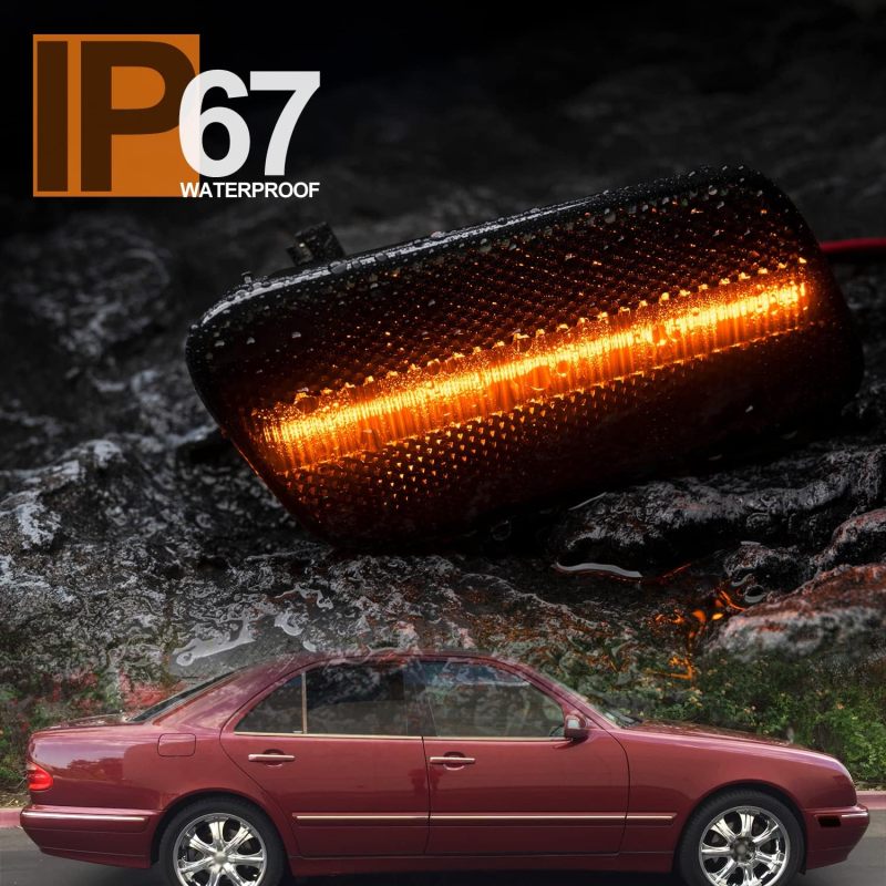 NSLUMO LED Side Marker Lights Compatible w/ 1996-2003 Mercedes W210 Benz E320 E300 Front Bumper Amber Led Side Signal Indicator Lamp Assembly OEM Sidemarker Replacement Smoked Lens