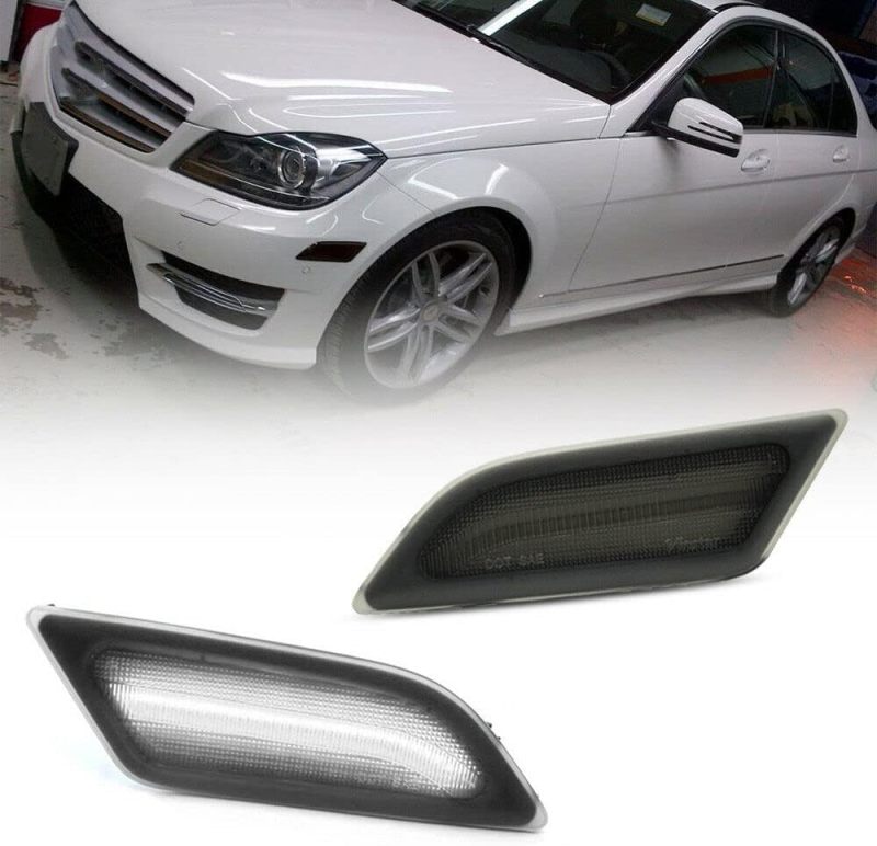 NSLUMO Cool White Led Side Marker Lights for Mercedes 12-14 Benz W204 LCI C-Class C250 C300 Front Fender Marker Lamps Smoked Lens OEM Side Marker Replacement