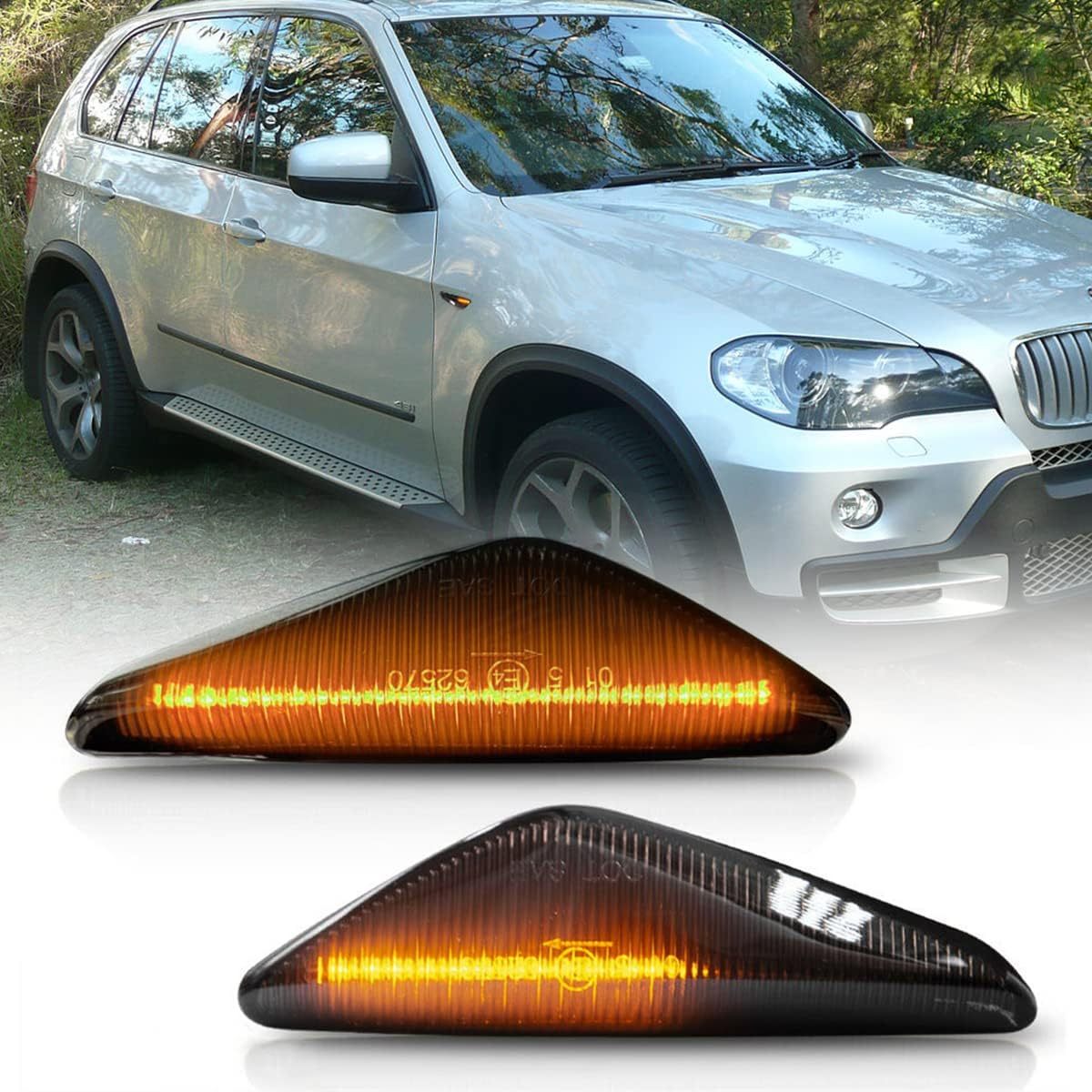 NSLUMO Sequential Amber LED Side Marker Lights for B'MW X5 E70 X6 E71 X3 F25 Front Led Side Marker Turn Signal Indicator Repeater Lamps 20-SMD LED OEM Fit Sidemarkers Smoked Lens
