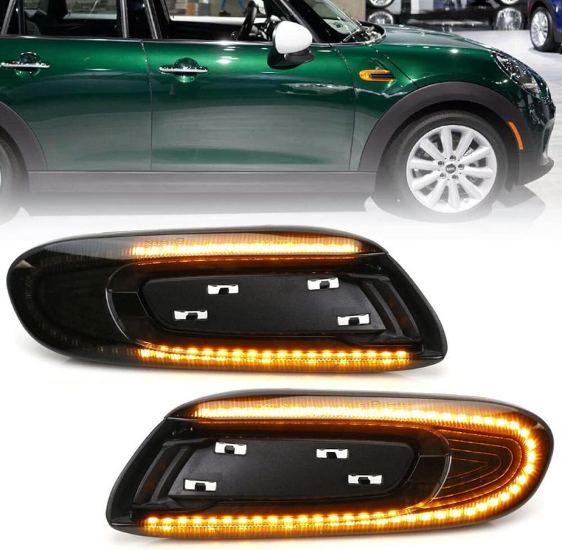 NSLUMO Led Fender Side Marker Replacement for F55 F56 Mini-Cooper 2014-2020 F57 2016-2020 Amber Front Side Marker Led Lights W/Sequential Turn Signal Lamp 2pcs Smoke Lens