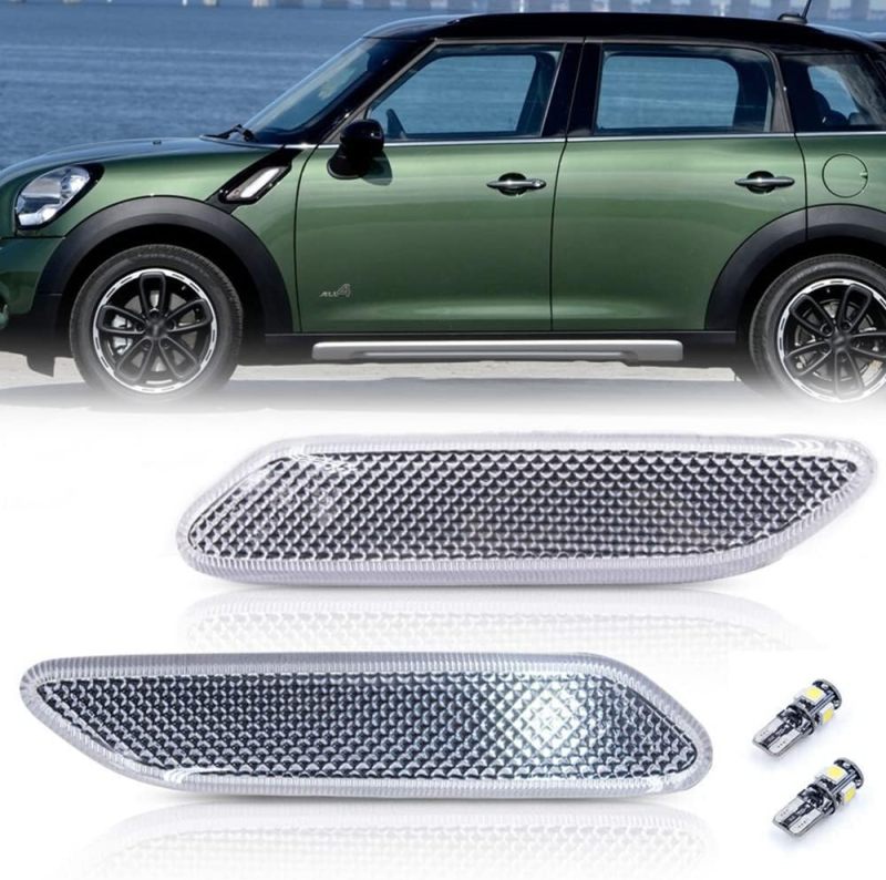 NSLUMO Front Fender White Led Side Marker Lights Compatible with 11-16 MINI R60 Countryman R61 Paceman Clear Lens Side Light Housing w/White T10 5-SMD LED Bulbs OEM Sidemarker Replacement