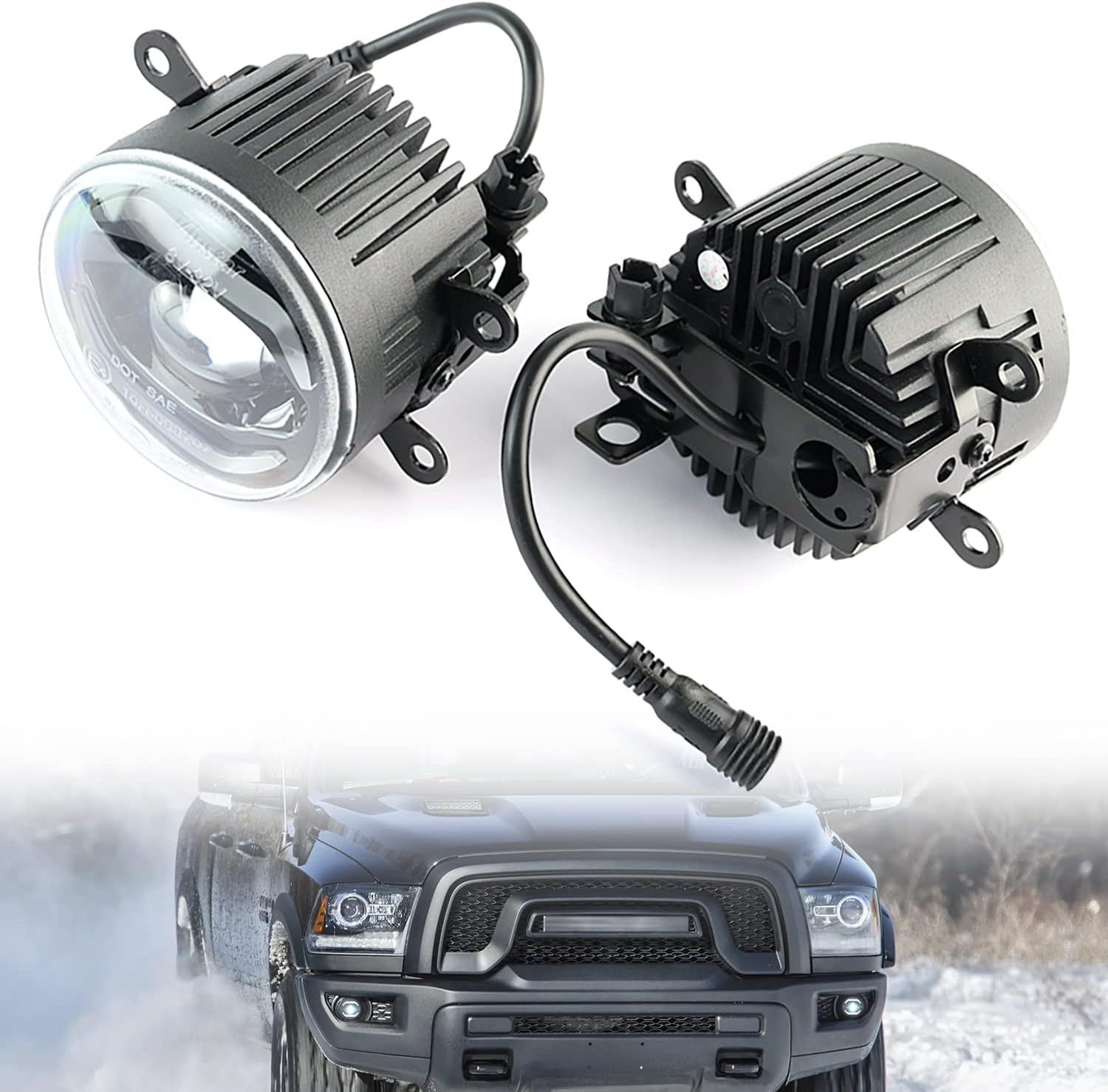 NSLUMO Led Fog Lamp Assembly Replacement for Ram 1500 2500 3500 Pickup 2019 2020 2021 2022 2023 Xenon White Halo DRL Driving Lamps 12V High Power Chips 10W Led DRL Fog Light Kit