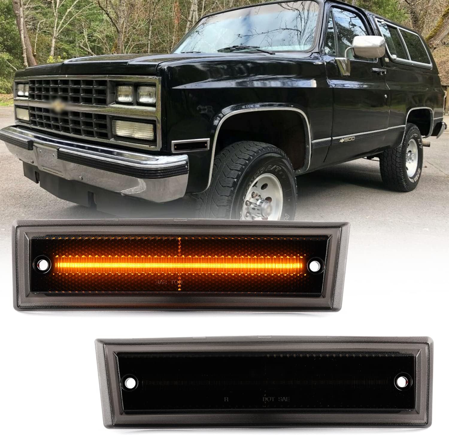 Led Side Marker Lights Replacement for 1978-1987 Chevy C/K Pickup 81-91 Blazer Amber Led Front Fender Side Marker Turn Signal Light Kit Smoked Lens Pair Driver Passenger Lamp Assembly OEM ‎915557