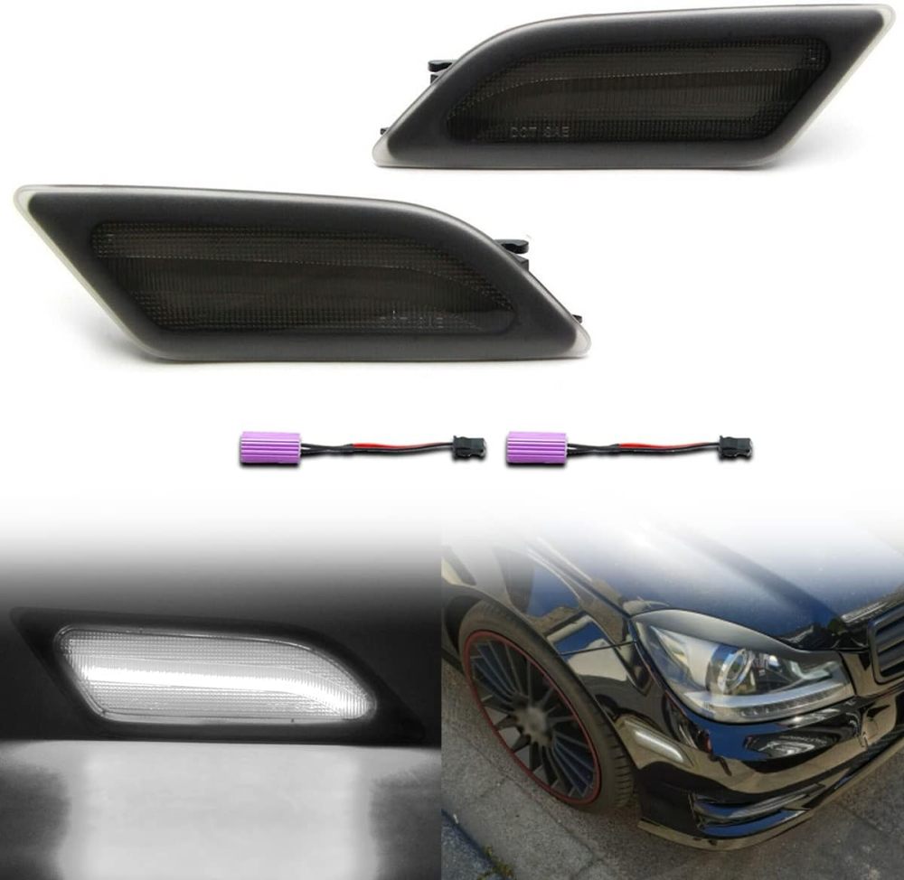 NSLUMO Cool White Led Side Marker Lights for Mercedes 12-14 Benz W204 LCI C-Class C250 C300 Front Fender Marker Lamps Smoked Lens OEM Side Marker Replacement