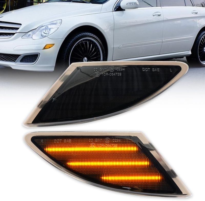 NSLUMO Led Side Marker Lights for 2006-2010 Mer’cedes R320 R350 R500 R63 AMG Benz R-Class W251 Smoked Lens Amber Front Bumper Sidemarker Reflectors Led Side Turn Signal Light Kit